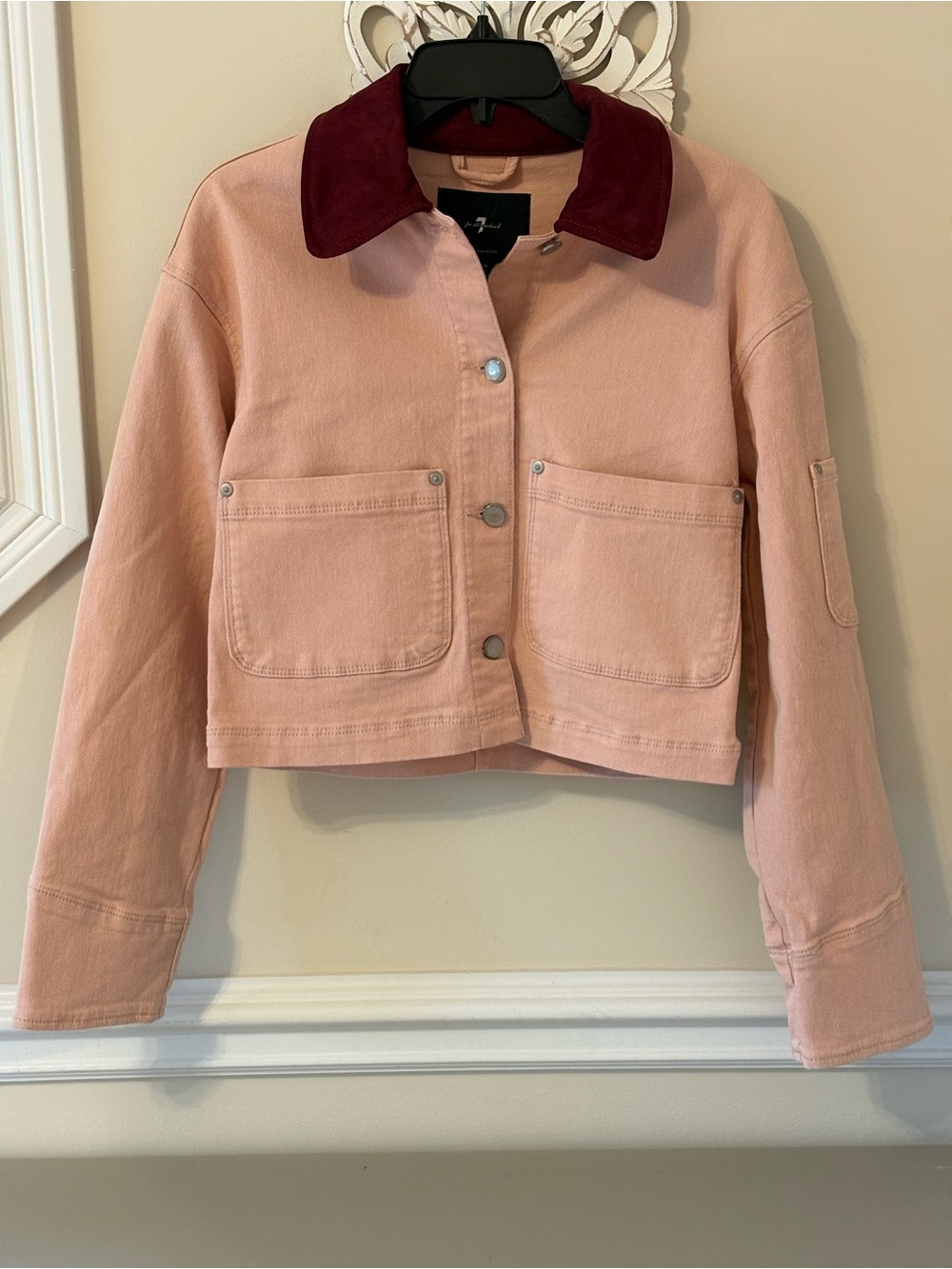 7 For All Mankind Blush Pink Cropped Jean Jacket with Burgundy Collar